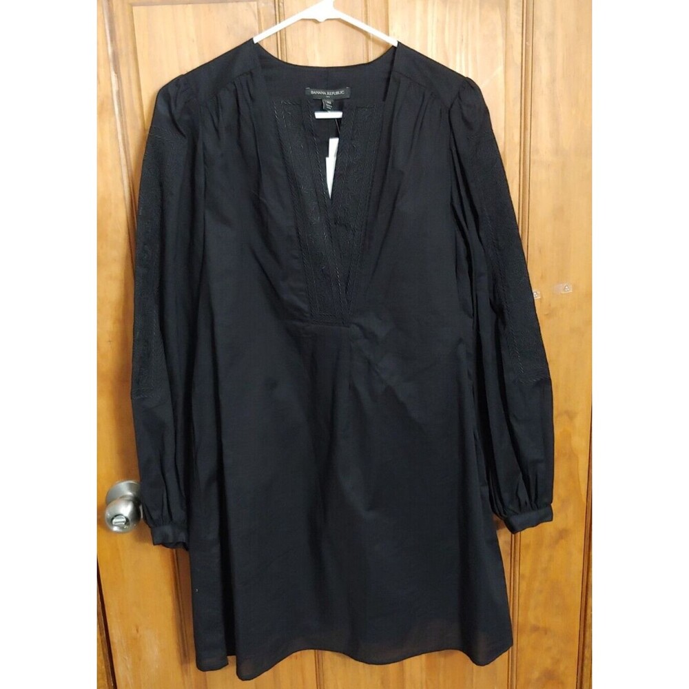 Banana Republic Womens Top XS Black Long Sleeve Tunic Embroidered Career Cotton